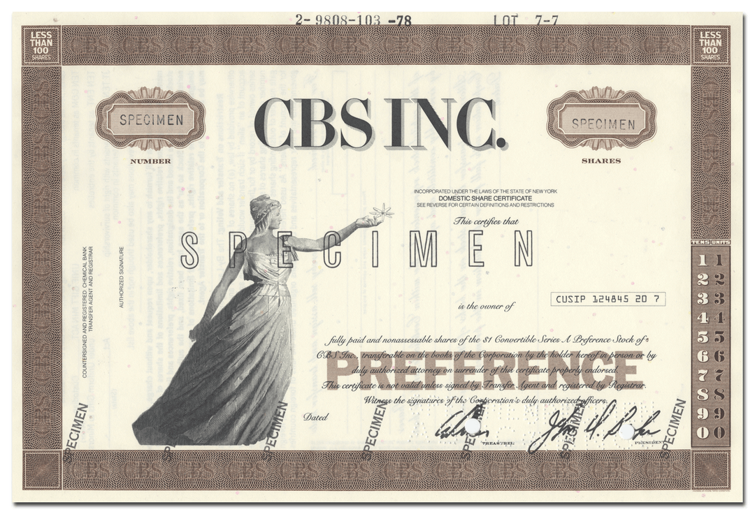 CBS Inc. Specimen Stock Certificate