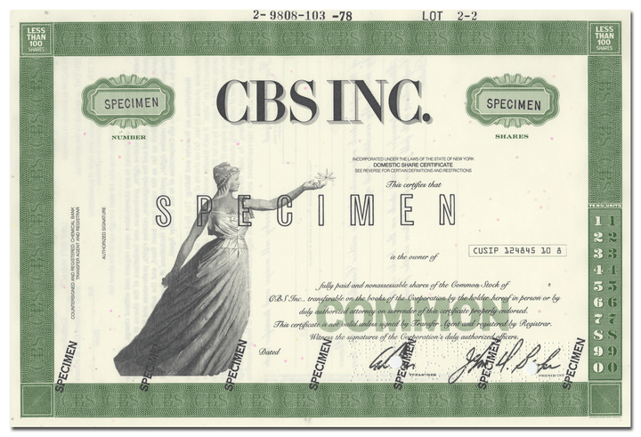 CBS Inc. Specimen Stock Certificate