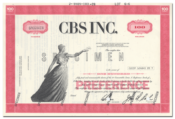 CBS Inc. Specimen Stock Certificate