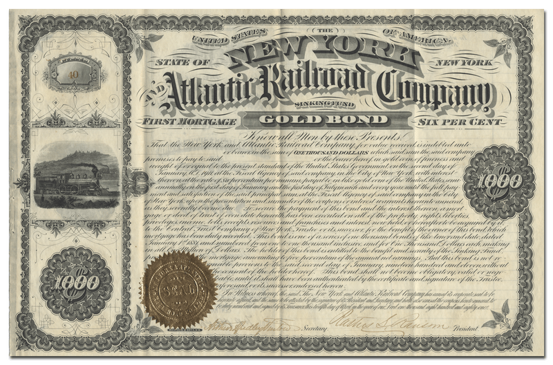 New York and Atlantic Rilroad Company Bond Certificate