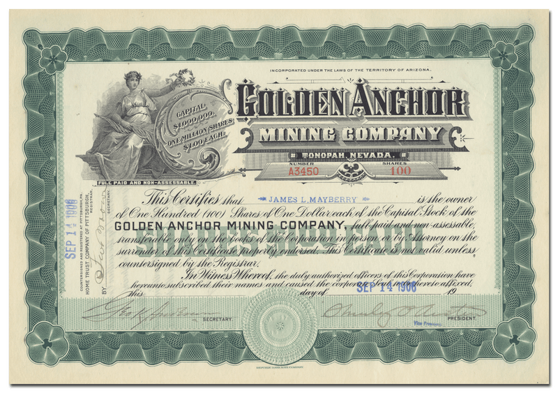 Golden Anchor Mining Company Stock Certificate