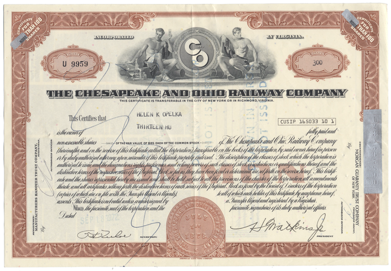 Chesapeake and Ohio Railway Company Stock Certificate