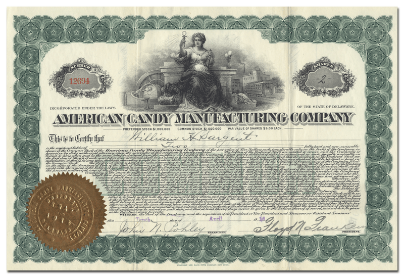 American Candy Manufacturing Company Stock Certificate