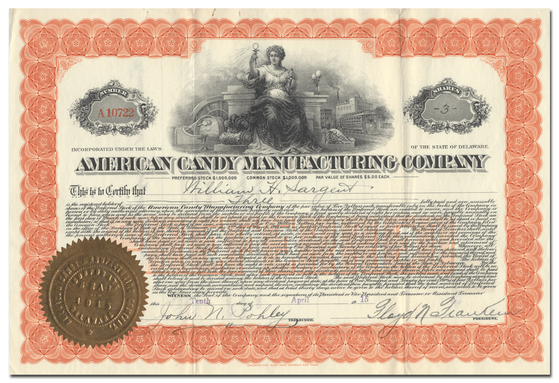 American Candy Manufacturing Company Stock Certificate