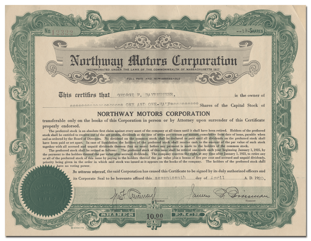 Northway Motors Corporation Stock Certificate