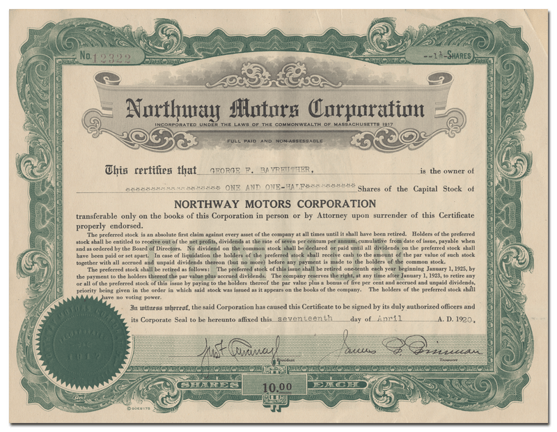Northway Motors Corporation Stock Certificate