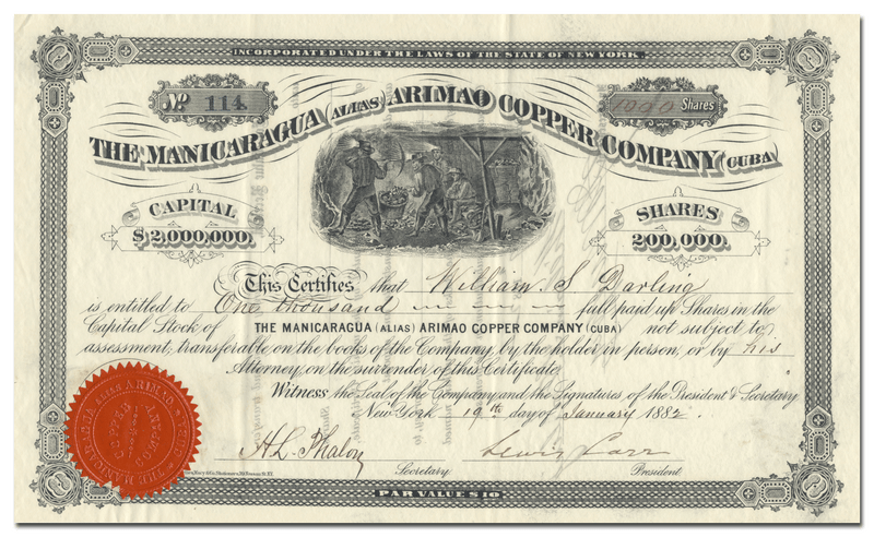 Manicaragua (Alias) Arimao Copper Company (Cuba) Stock Certificate