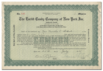 Euclid Candy Company of New York, Inc. Stock Certificate