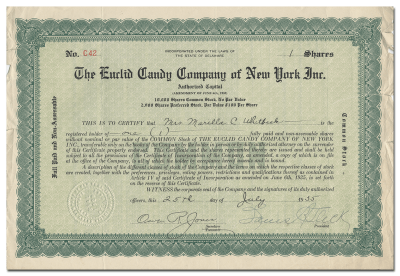 Euclid Candy Company of New York, Inc. Stock Certificate