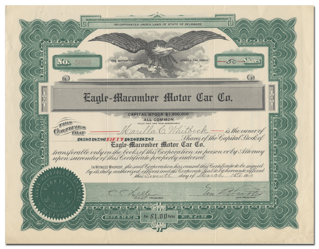 Eagle-Macomber Motor Car Co. Stock Certificate