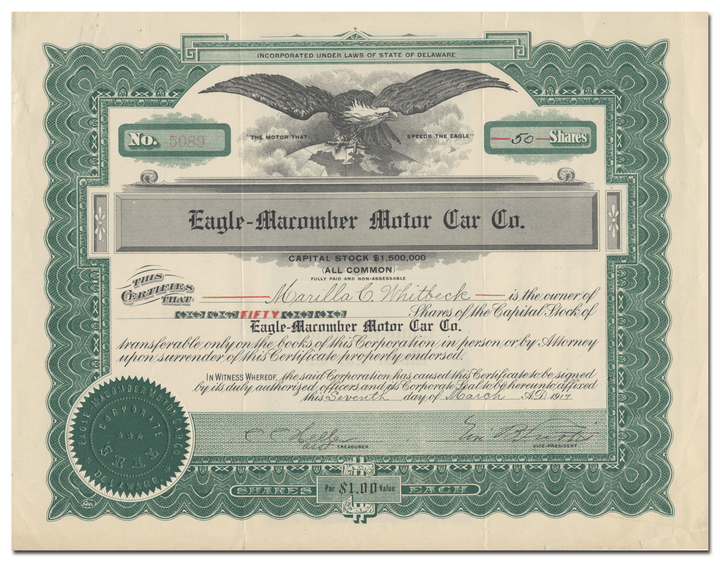 Eagle-Macomber Motor Car Co. Stock Certificate