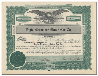 Eagle-Macomber Motor Car Co. Stock Certificate