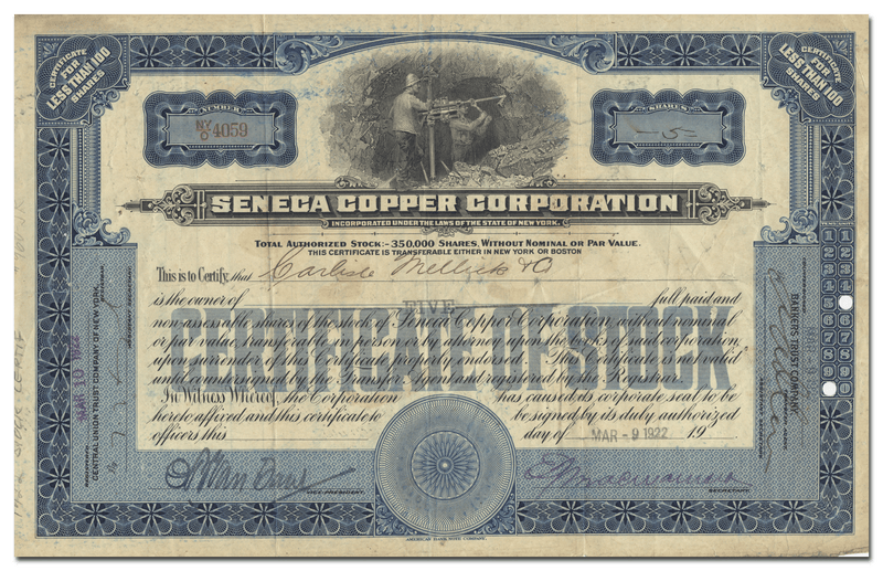 Seneca Copper Mining Company Stock Certificate