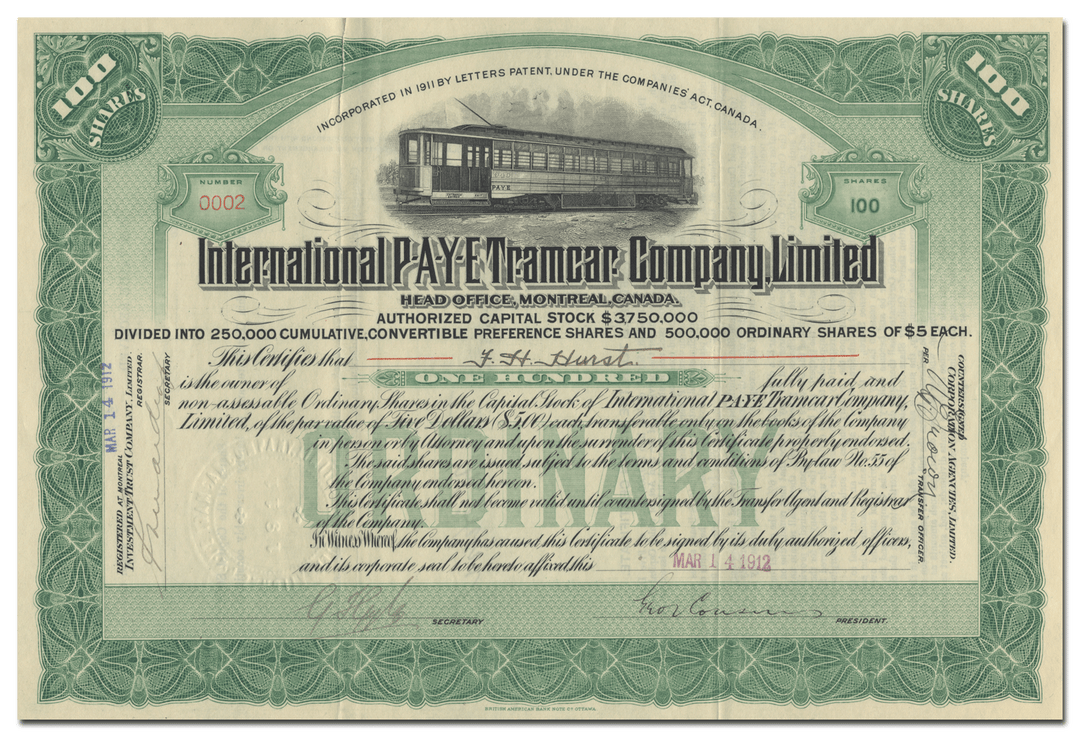 International P-A-Y-E Tramcar Company Limited Stock Certificate