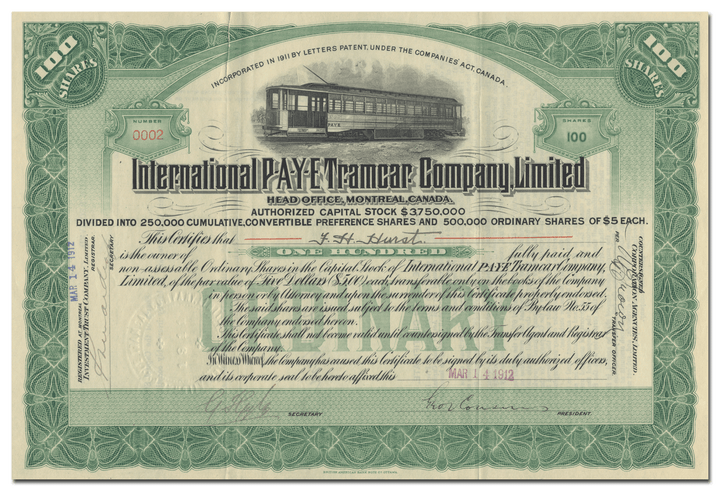 International P-A-Y-E Tramcar Company Limited Stock Certificate