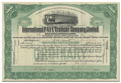 International P-A-Y-E Tramcar Company Limited Stock Certificate