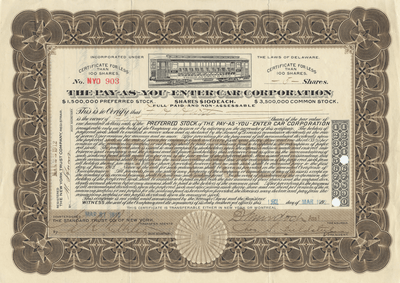 Pay-As-You-Enter Car Corporation Stock Certificate