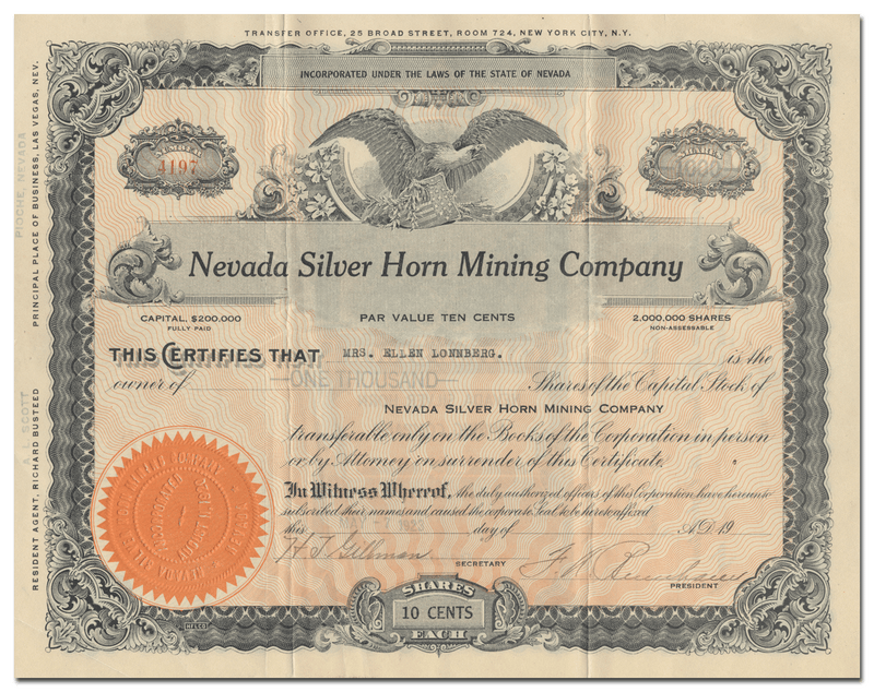 Nevada Silver Horn Mining Company Stock Certificate