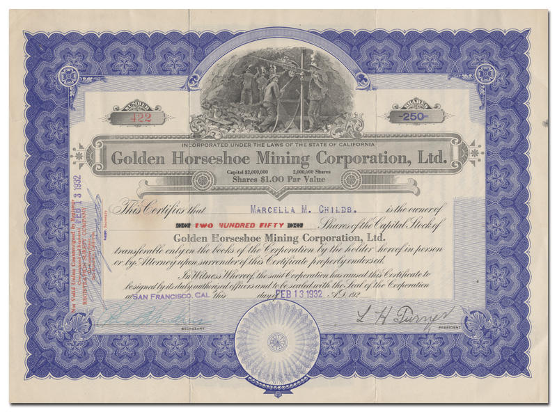 Golden Horseshoe Mining Corporation, Ltd. Stock Certificate
