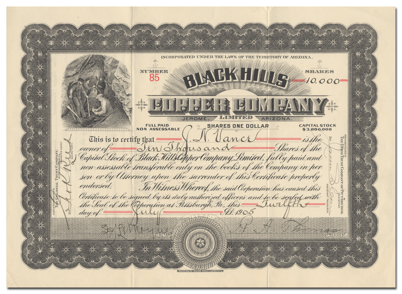 Black Hills Copper Company Stock Certificate