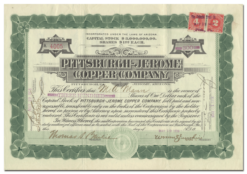 Pittsburgh-Jerome Copper Company Stock Certificate
