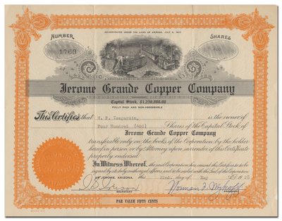 Jerome Grande Copper Company Stock Certificate