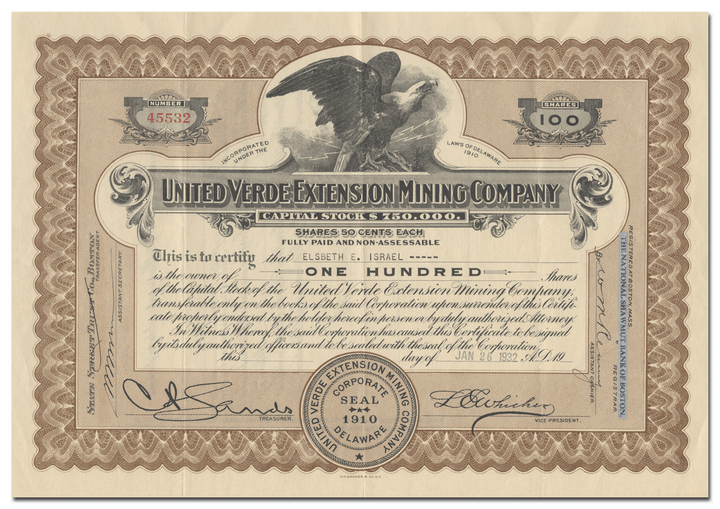 United Verde Extension Mining Company Stock Certificate