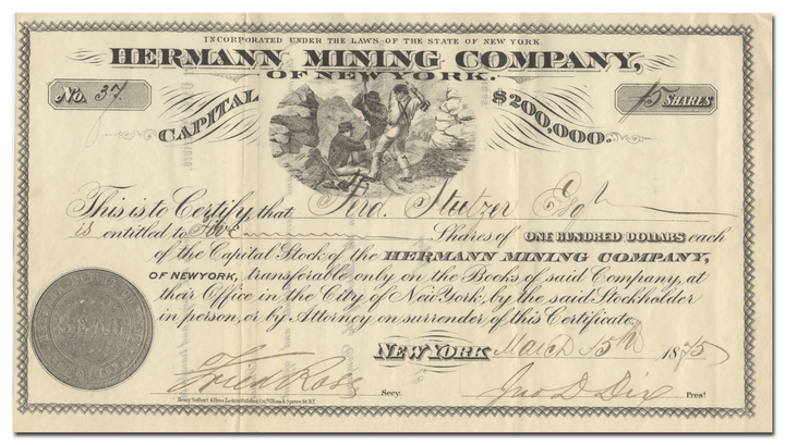 Hermann Mining Company of New York Stock Certificate