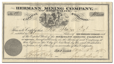 Hermann Mining Company of New York Stock Certificate