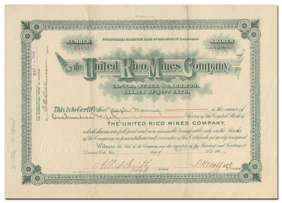 United Rico Mines Company Stock Certificate Signed by David H. Moffatt