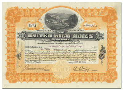 United Rico Mines Company Stock Certificate Issued to David H. Moffat