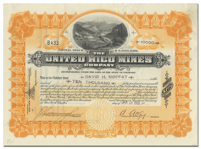United Rico Mines Company Stock Certificate Issued to David H. Moffat