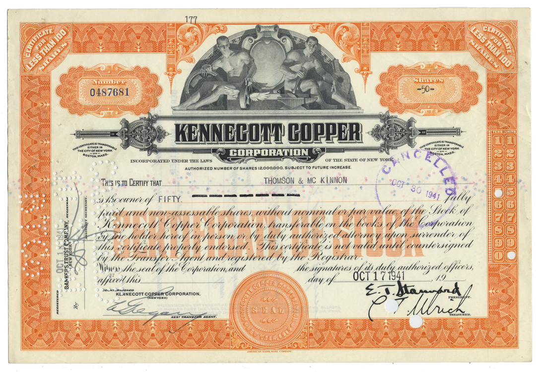 Kennecott Copper Corporation Stock Certificate