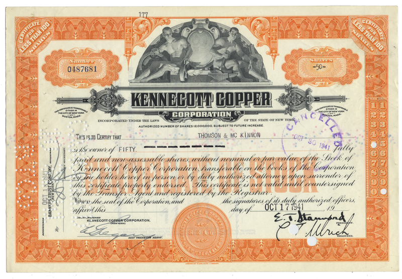 Kennecott Copper Corporation Stock Certificate