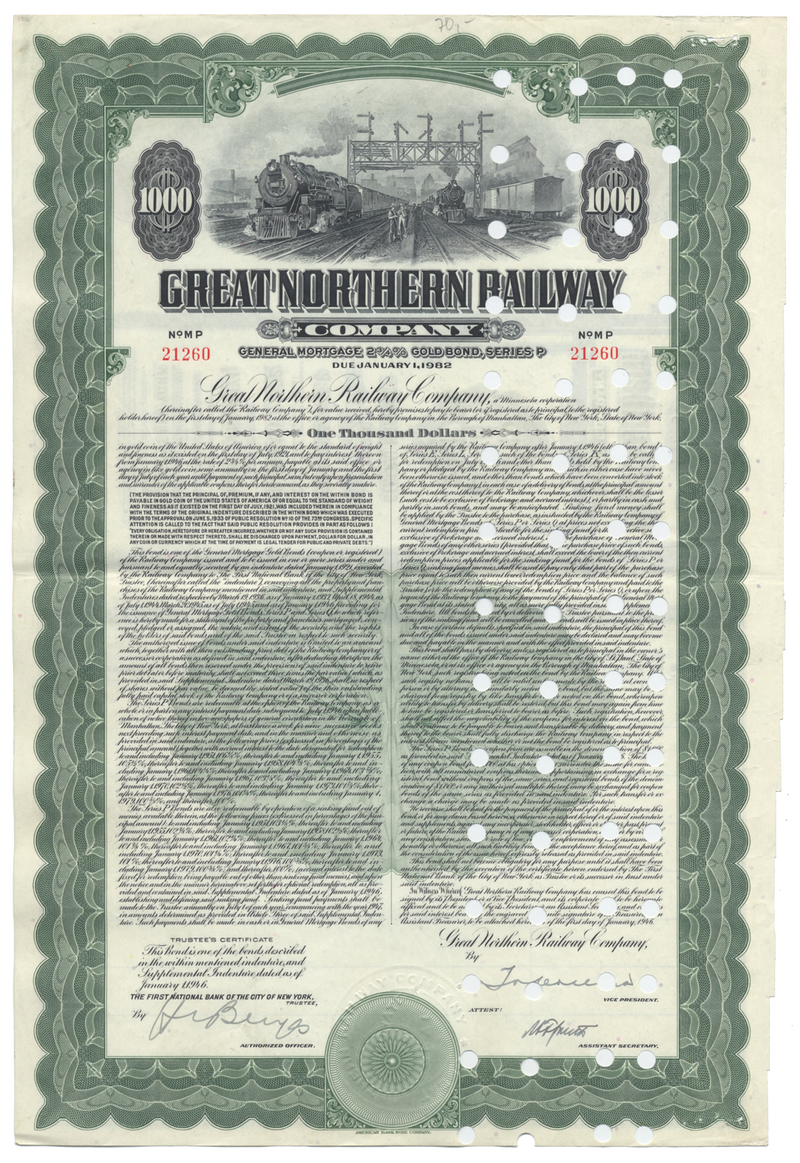 Great Northern Railway Bond Certificate