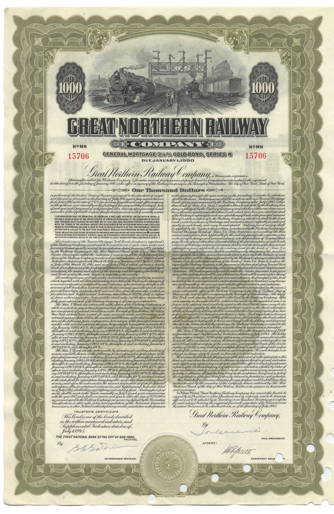 Great Northern Railway Bond Certificate