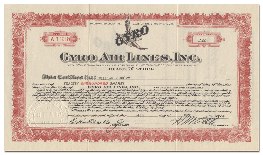 Gyro Air Lines, Inc. Stock Certificate