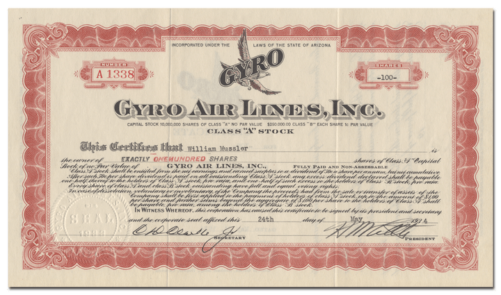 Gyro Air Lines, Inc. Stock Certificate