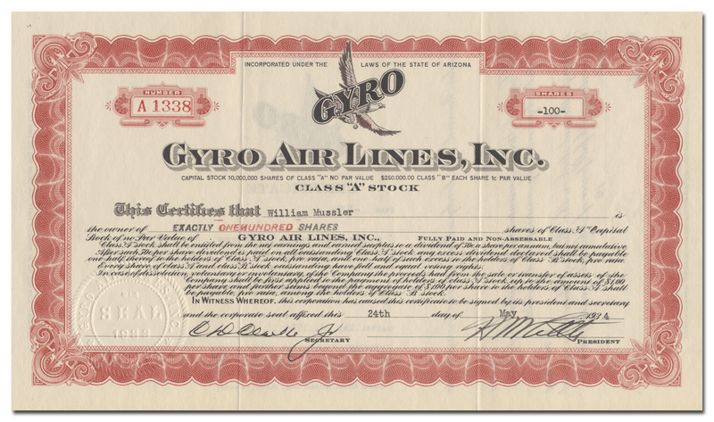 Gyro Air Lines, Inc. Stock Certificate