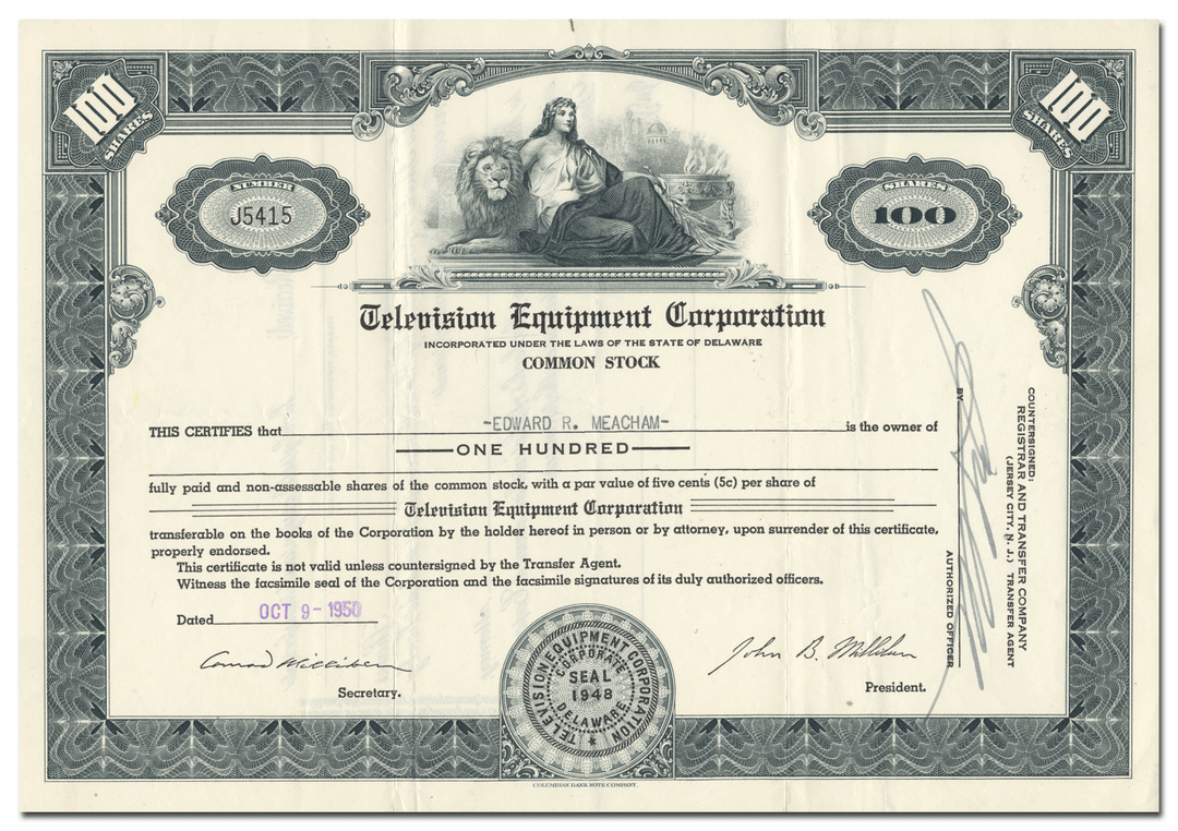 Television Equipment Corporation Stock Certificate