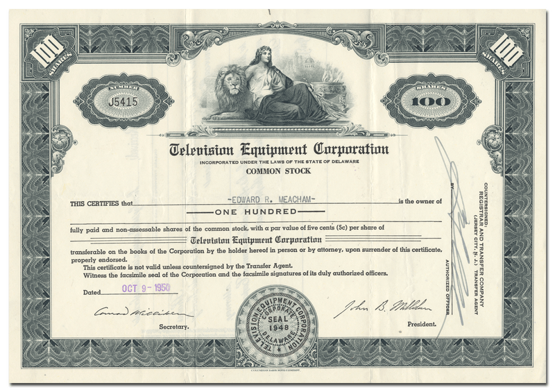 Television Equipment Corporation Stock Certificate