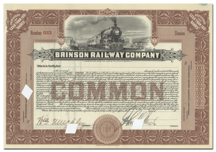 Brinson Railway Company Stock Certificate