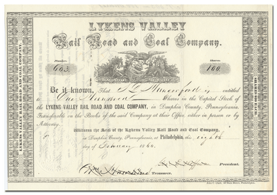 Lykins Valley Rail Road and Coal Company Stock Certificate