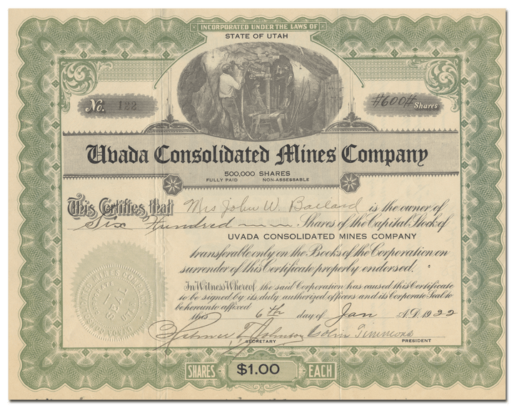 Uvada Consolidated Mines Company Stock Certificate