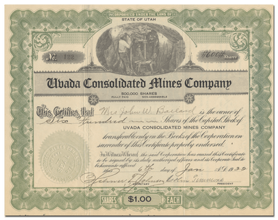 Uvada Consolidated Mines Company Stock Certificate