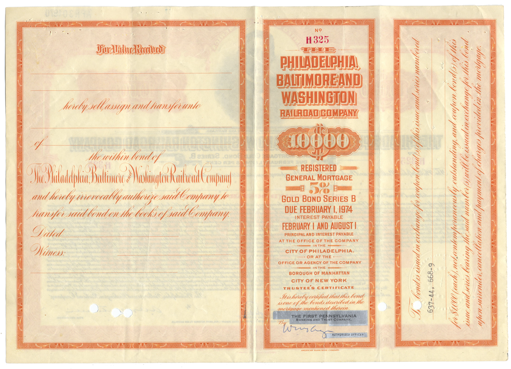 Philadelphia, Baltimore and Washington Railroad Company Bond Certificate