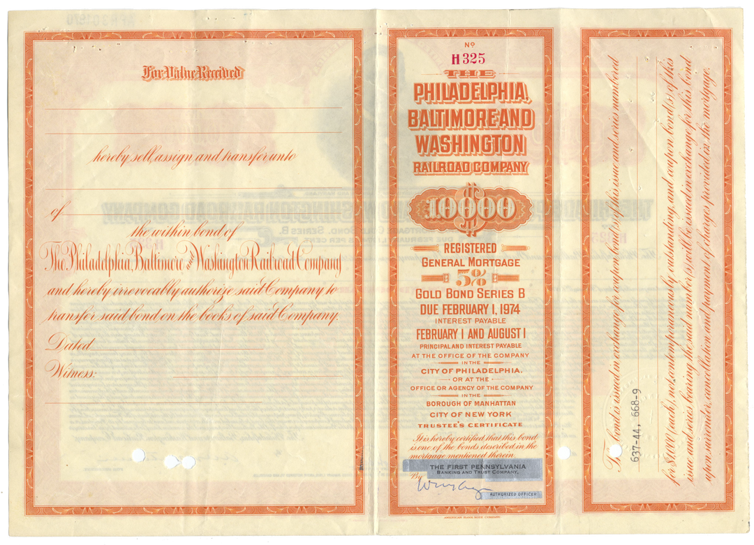 Philadelphia, Baltimore and Washington Railroad Company Bond Certificate