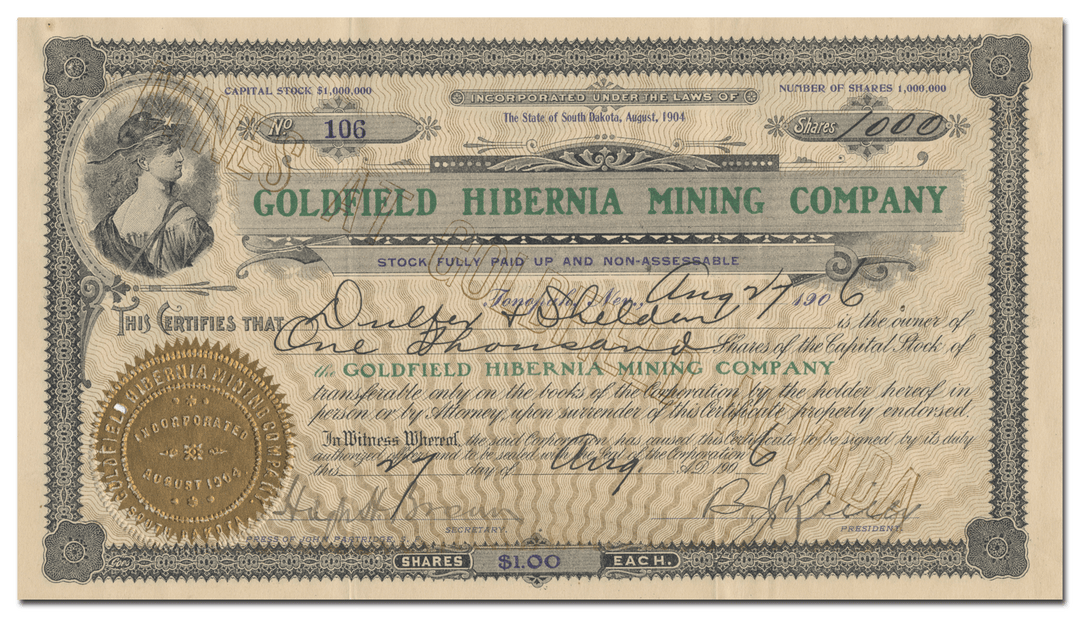 Goldfield Hibernia Mining Company Stock Certificate