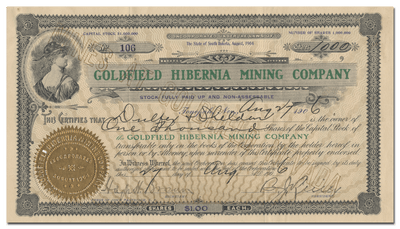 Goldfield Hibernia Mining Company Stock Certificate
