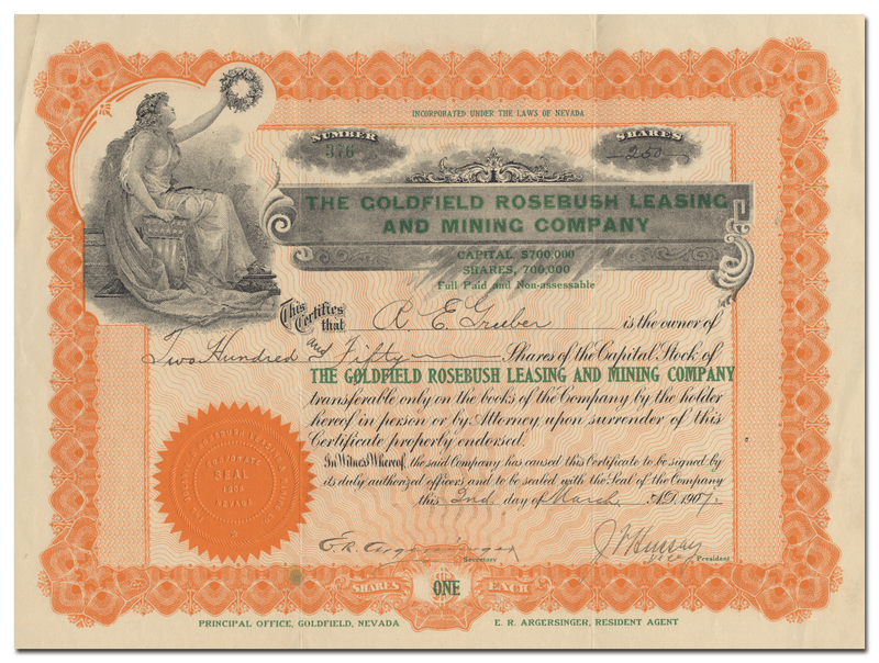 Goldfield Rosebush Leasing and Mining Company Stock Certificate